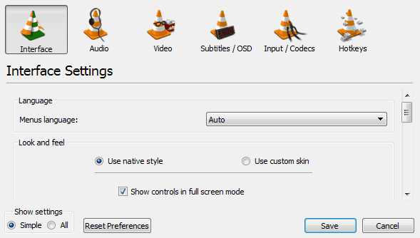 VLC player preferences