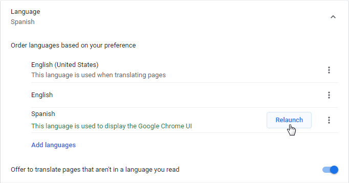 interface language in google chrome
