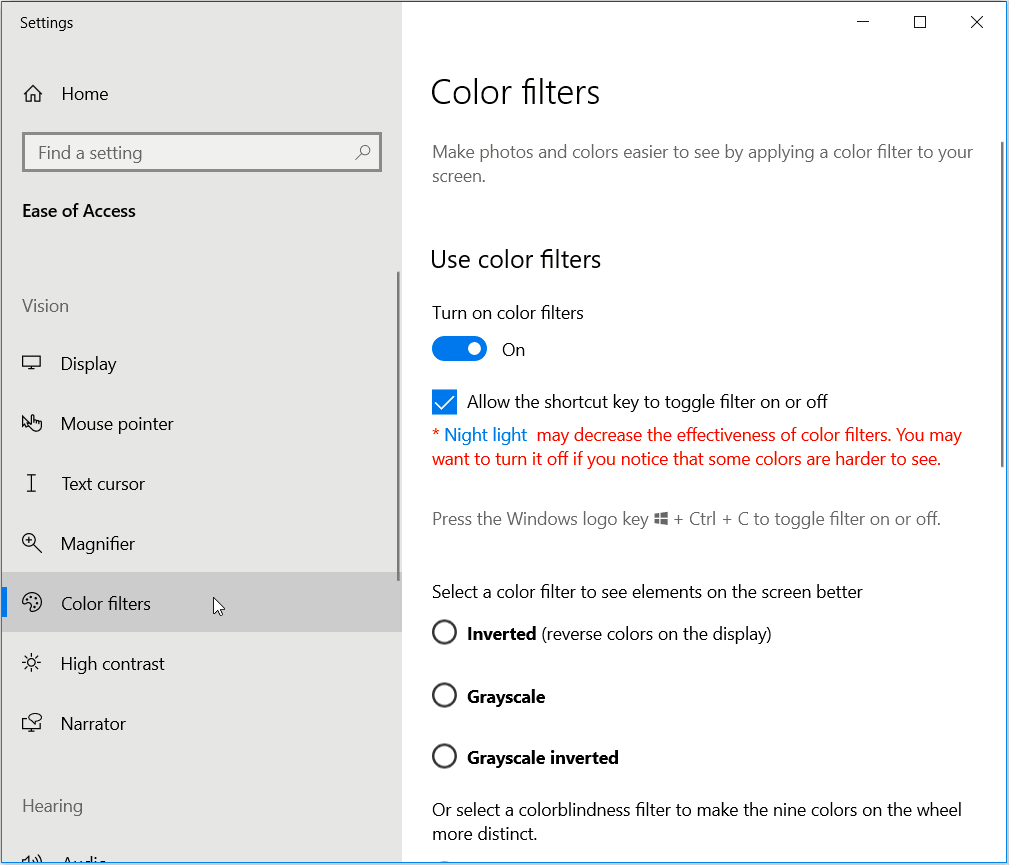 Activate Color Filters in Windows 10