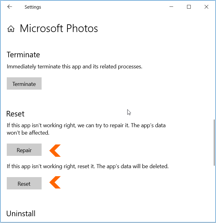 Reset or Repair the Photos app in Windows 10