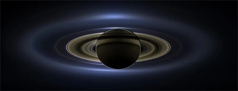 This image was taken by the Cassini Orbiter on 19 July 2013 when it was passing through the dark side of Saturn. The rings can be clearly seen in this composite image.